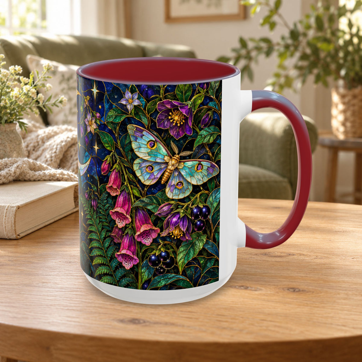 Stained Glass Moonlit Black Cat Poison Garden Coffee Accent Mug – 11/15oz