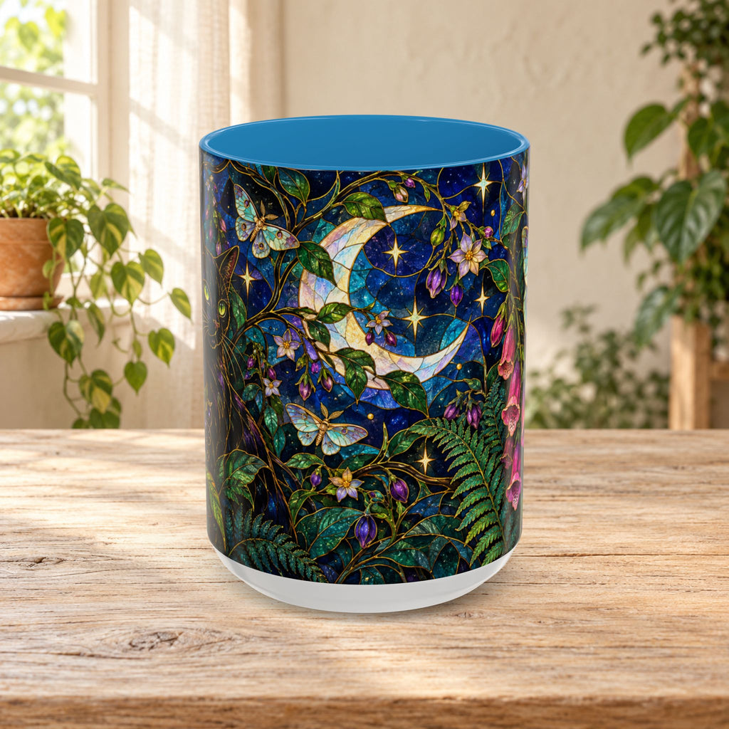 Stained Glass Moonlit Black Cat Poison Garden Coffee Accent Mug – 11/15oz