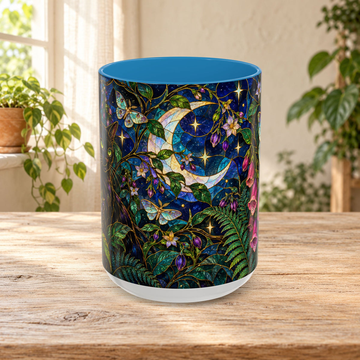 Stained Glass Moonlit Black Cat Poison Garden Coffee Accent Mug – 11/15oz