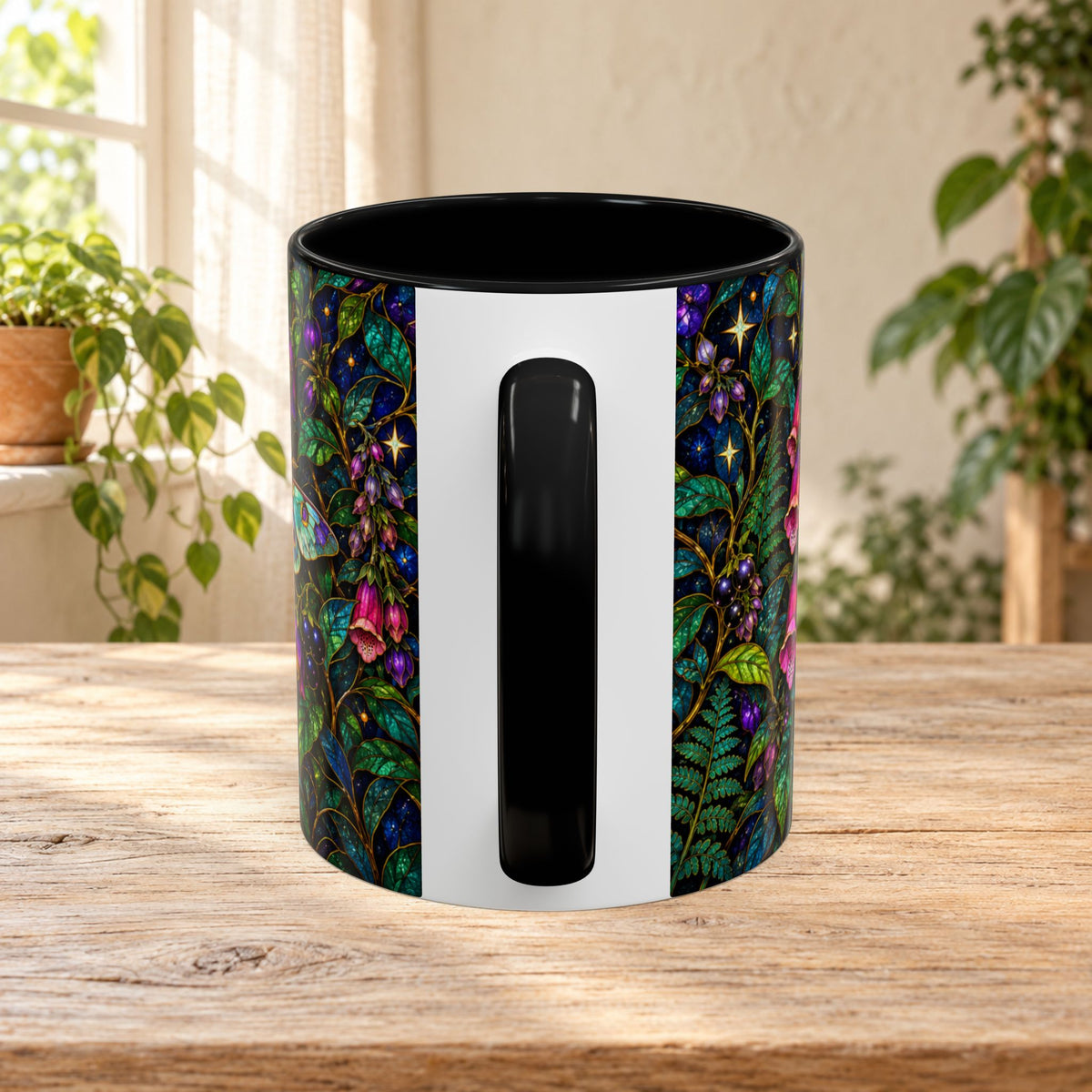 Stained Glass Moonlit Black Cat Poison Garden Coffee Accent Mug – 11/15oz