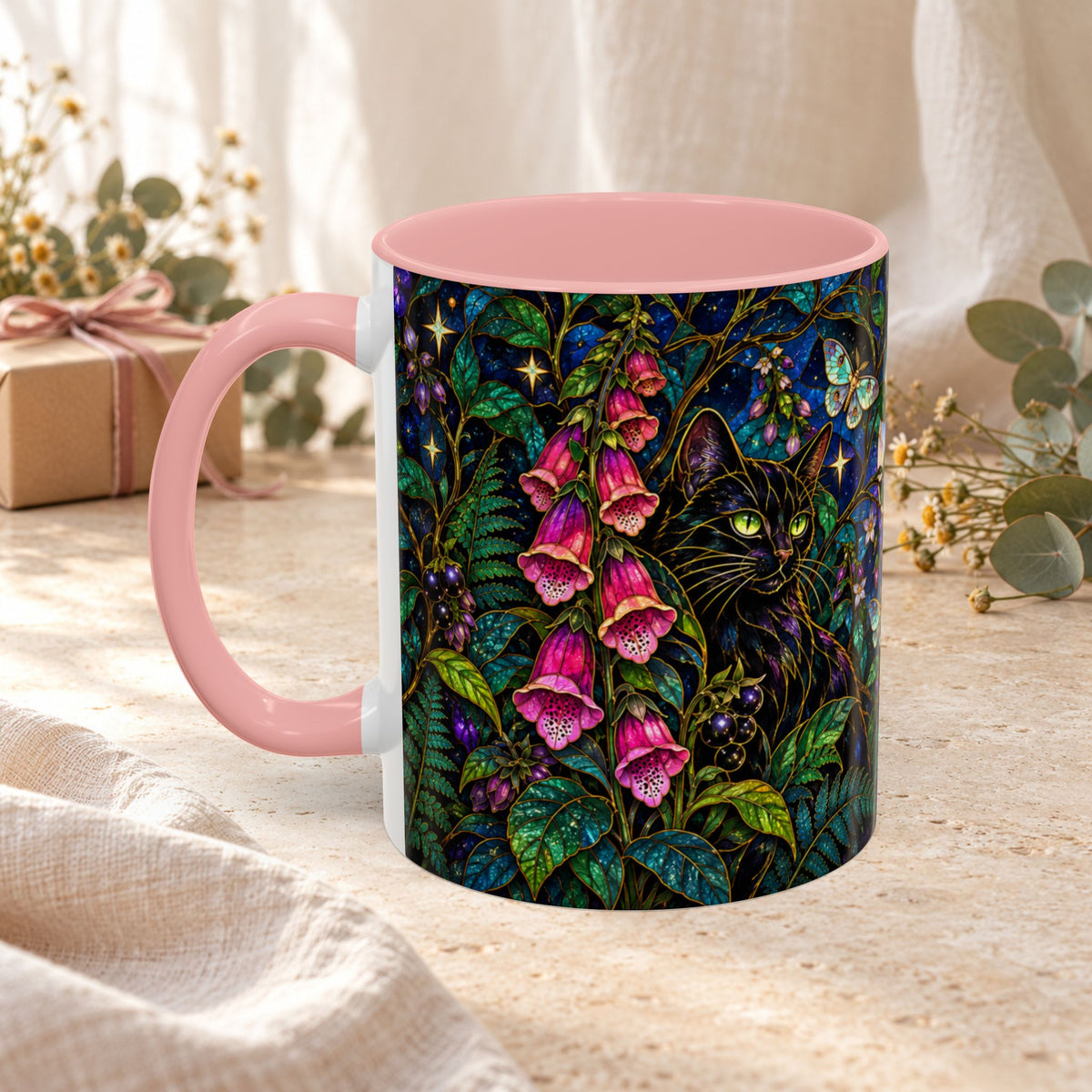 Stained Glass Moonlit Black Cat Poison Garden Coffee Accent Mug – 11/15oz