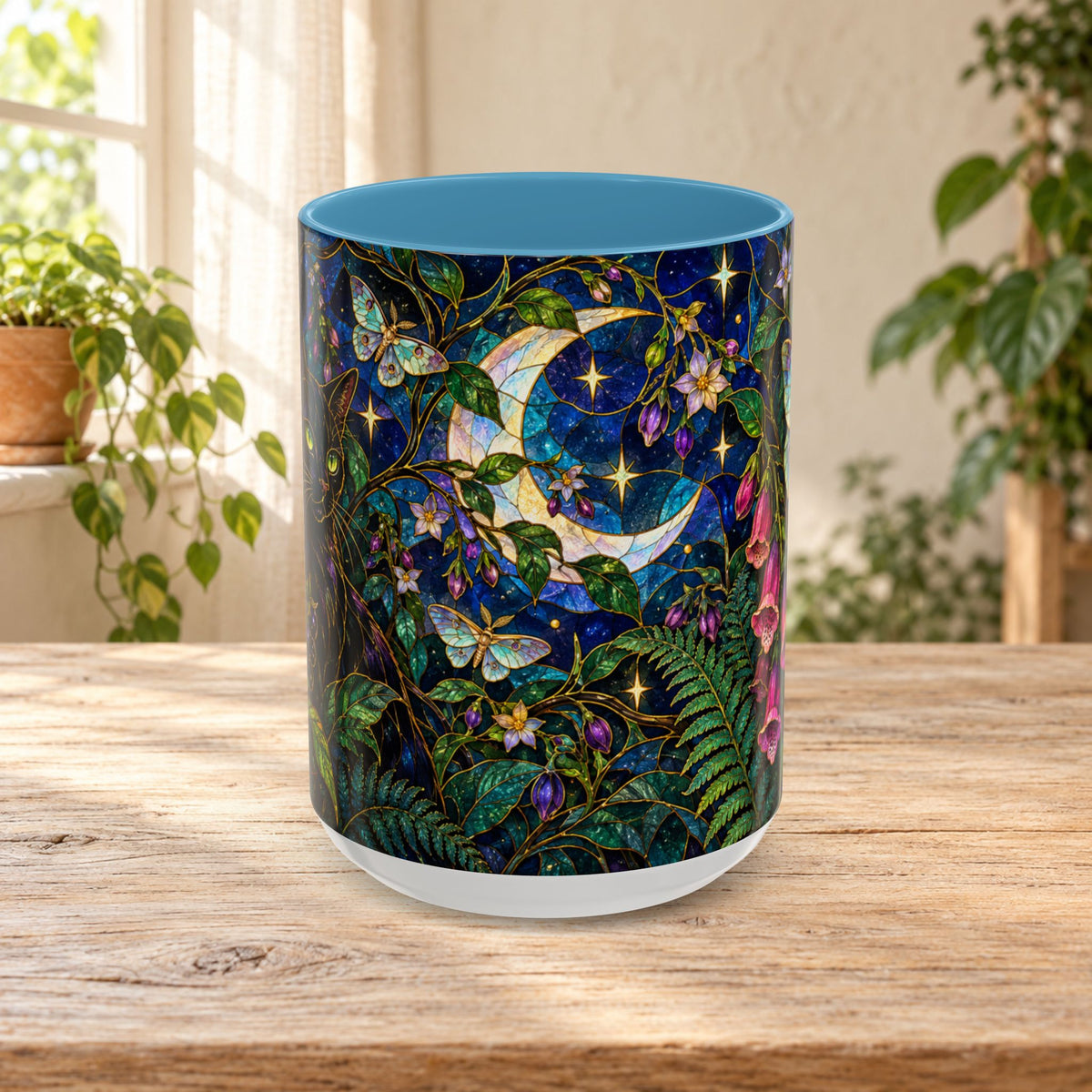 Stained Glass Moonlit Black Cat Poison Garden Coffee Accent Mug – 11/15oz