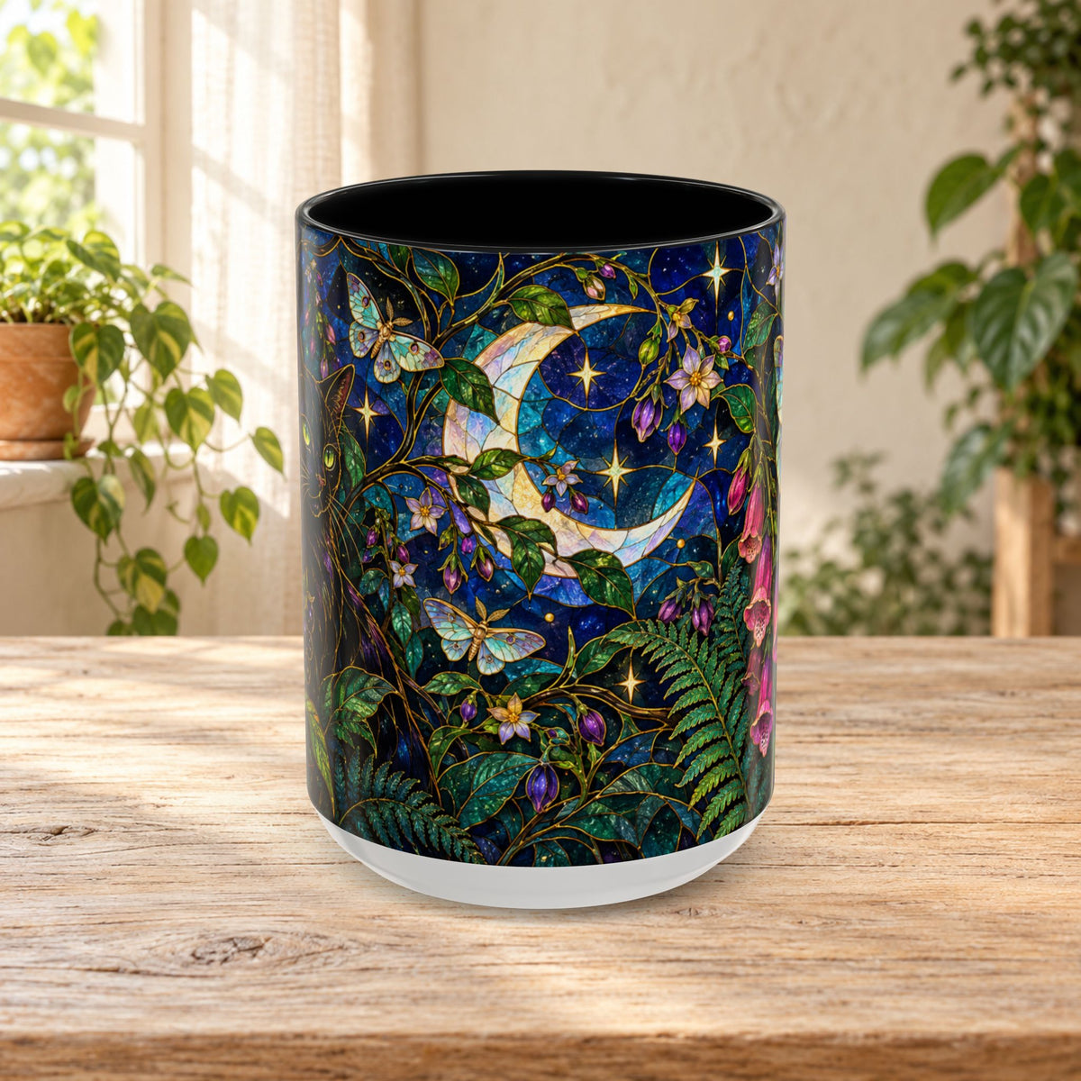 Stained Glass Moonlit Black Cat Poison Garden Coffee Accent Mug – 11/15oz