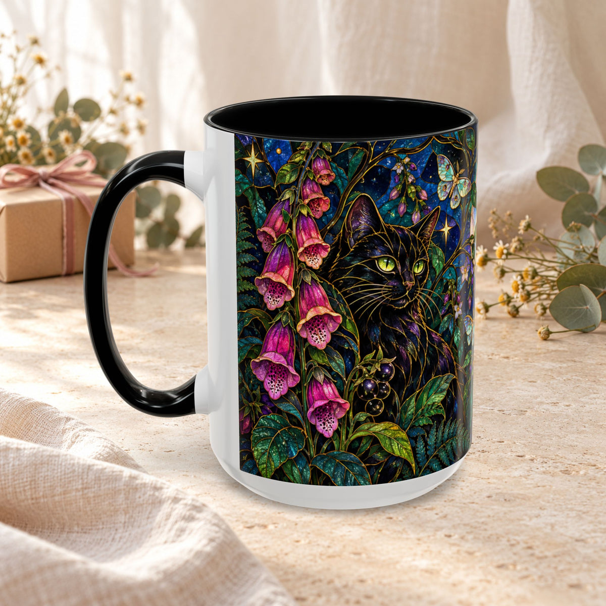Stained Glass Moonlit Black Cat Poison Garden Coffee Accent Mug – 11/15oz