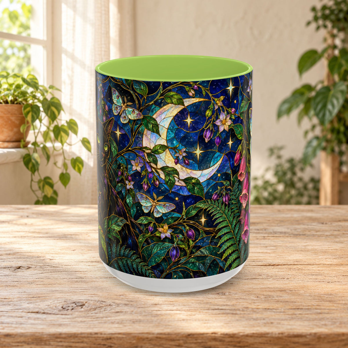 Stained Glass Moonlit Black Cat Poison Garden Coffee Accent Mug – 11/15oz