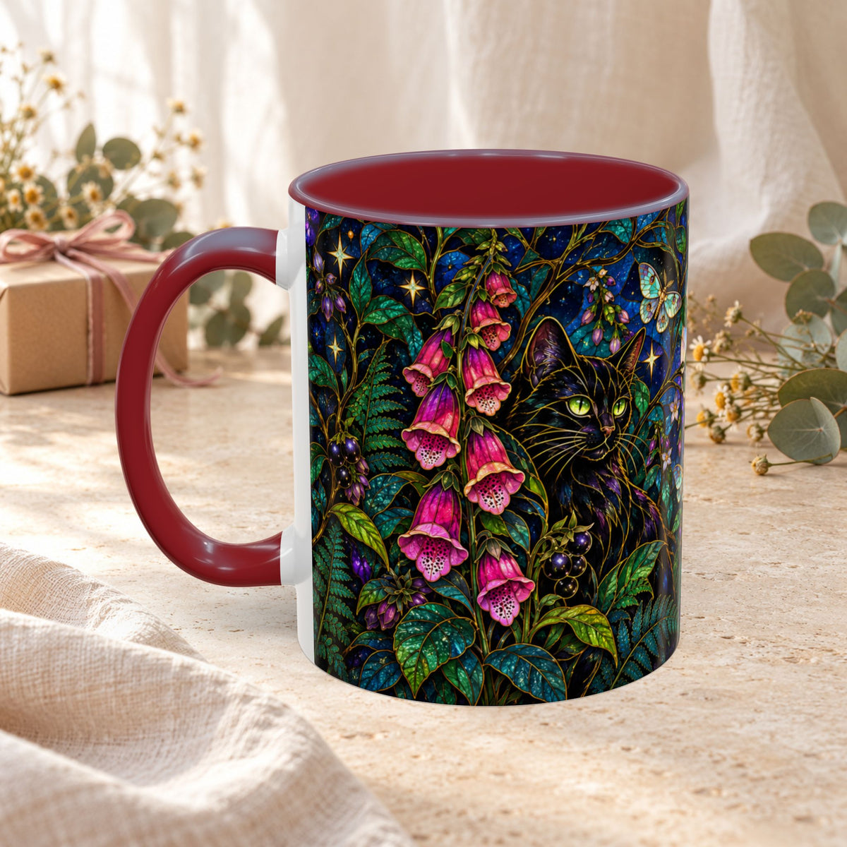 Stained Glass Moonlit Black Cat Poison Garden Coffee Accent Mug – 11/15oz