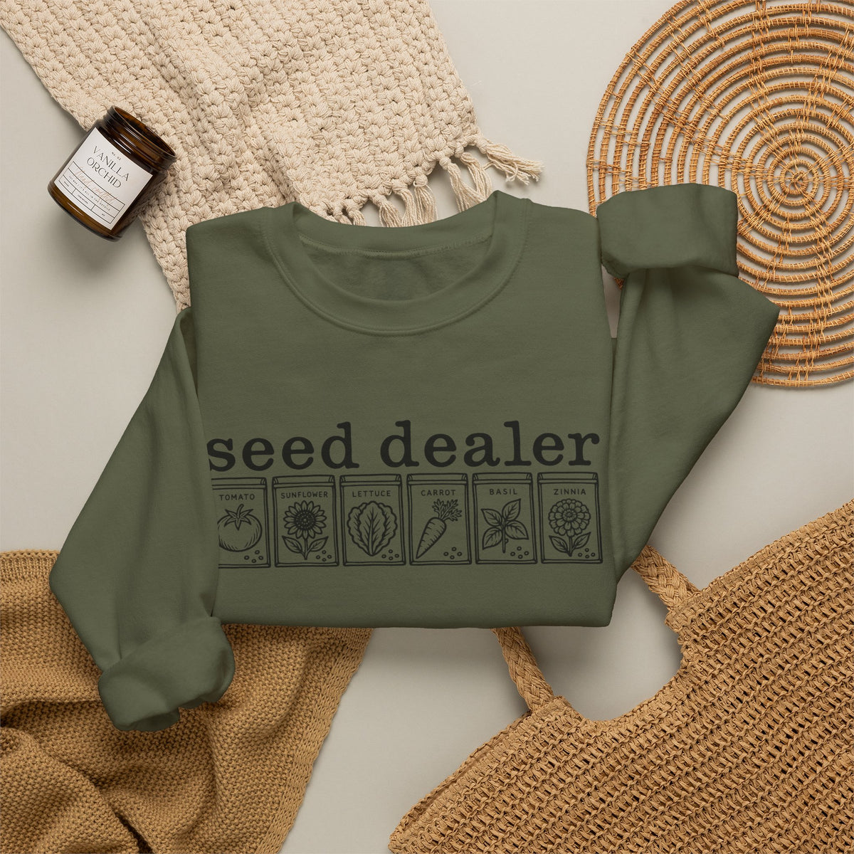 Seed Dealer Crewneck Sweatshirt – Botanical Seed Packet Graphic