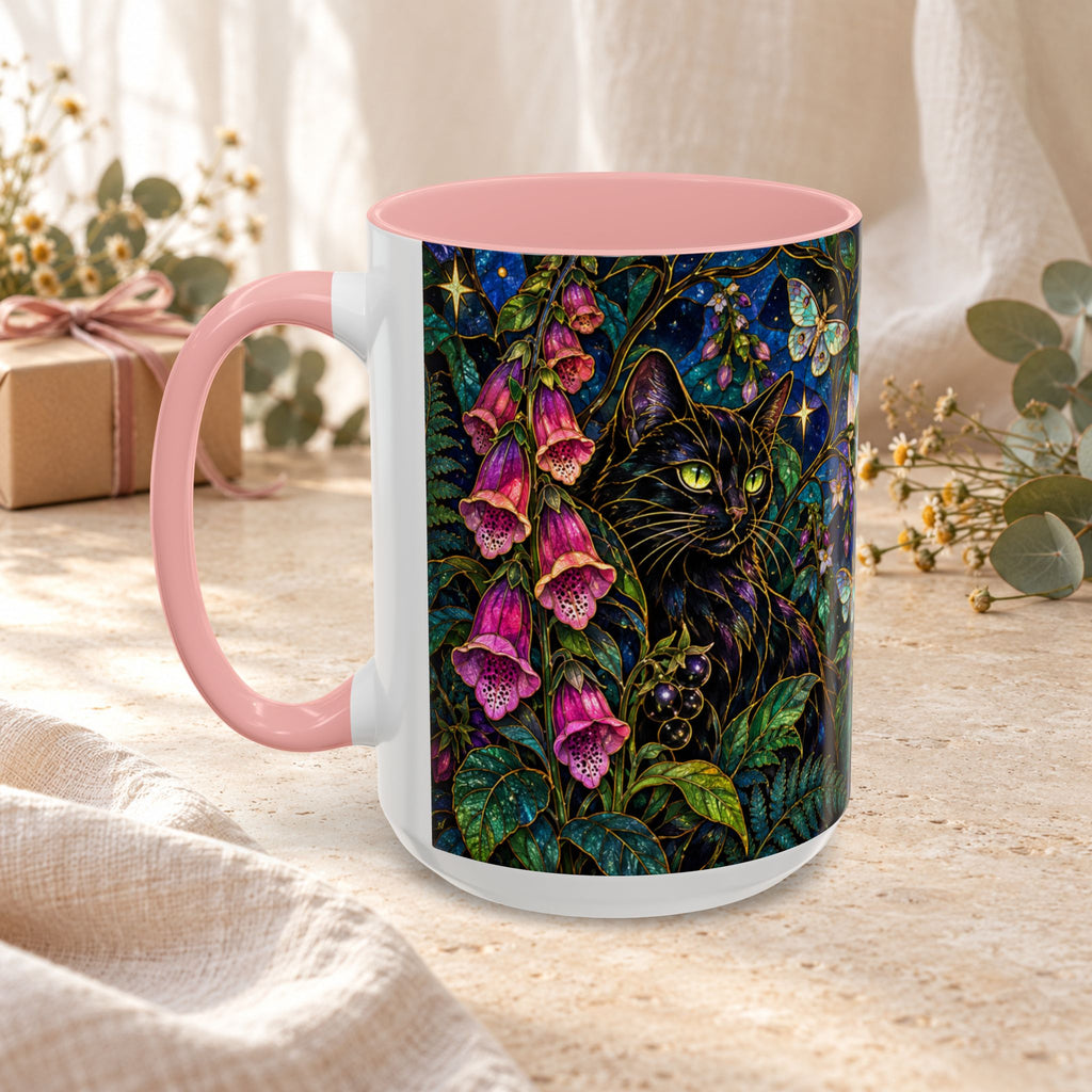 Stained Glass Moonlit Black Cat Poison Garden Coffee Accent Mug – 11/15oz