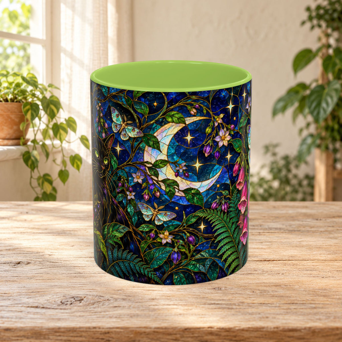 Stained Glass Moonlit Black Cat Poison Garden Coffee Accent Mug – 11/15oz