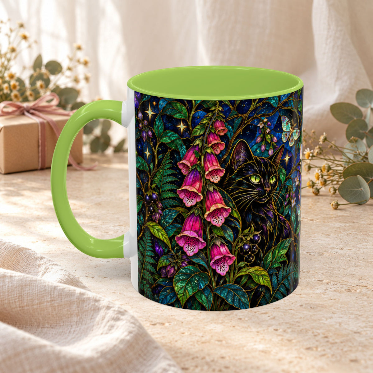 Stained Glass Moonlit Black Cat Poison Garden Coffee Accent Mug – 11/15oz