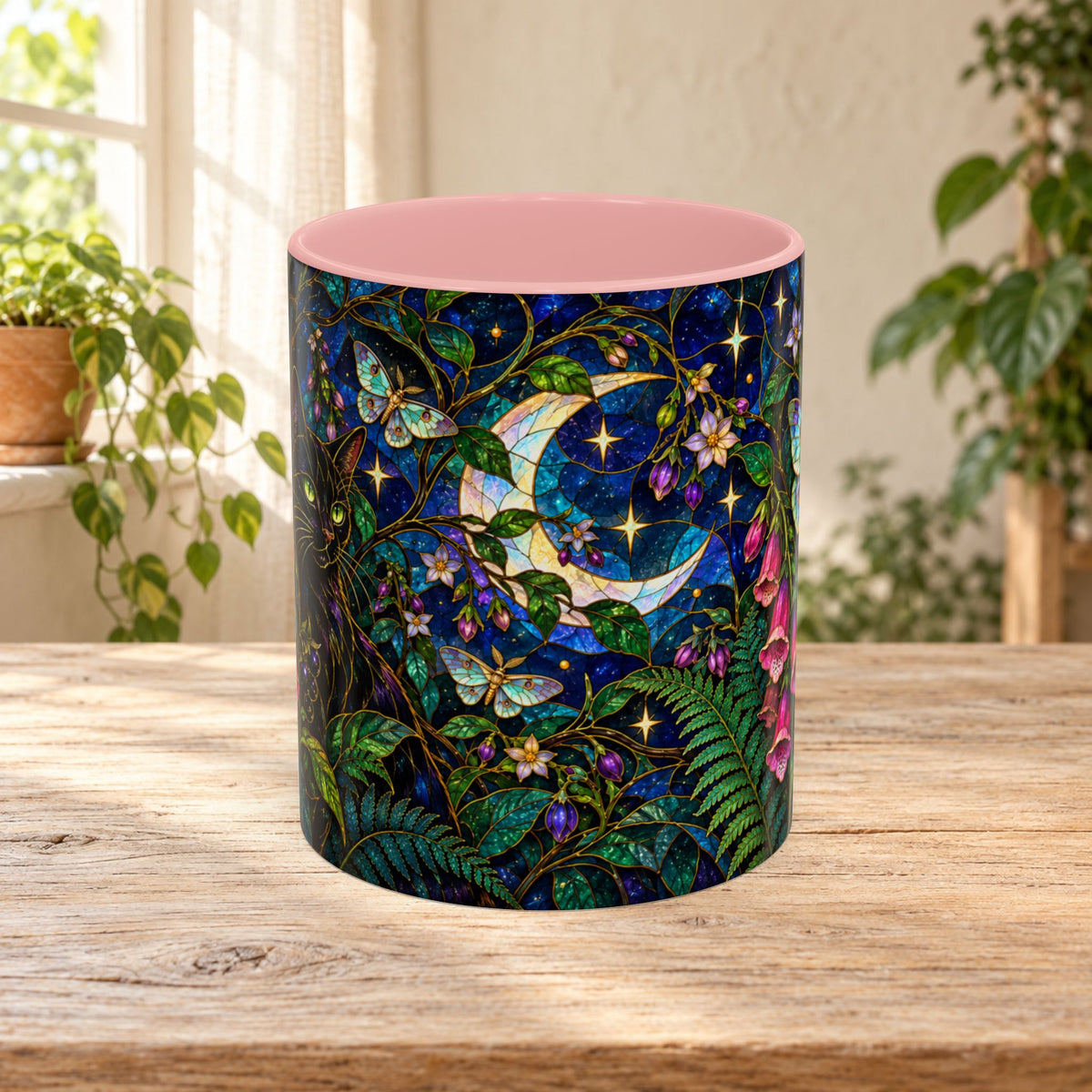 Stained Glass Moonlit Black Cat Poison Garden Coffee Accent Mug – 11/15oz