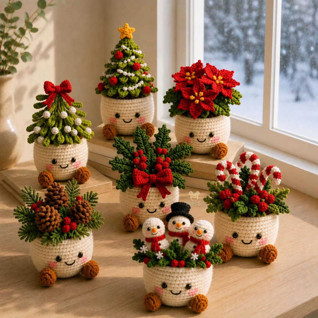 Handmade Crochet Christmas Potted Plant Table Ornament Knitted Xmas Decor Gift Set