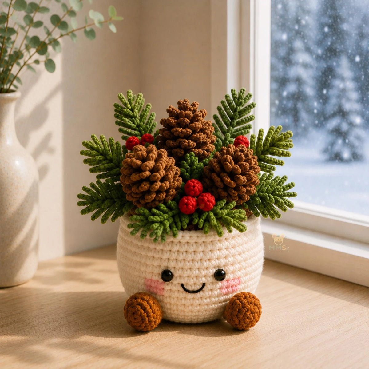 Handmade Crochet Christmas Potted Ornament, Xmas Tabletop Decor, Finished Knit , Festival Party Supplies, Home Ornament