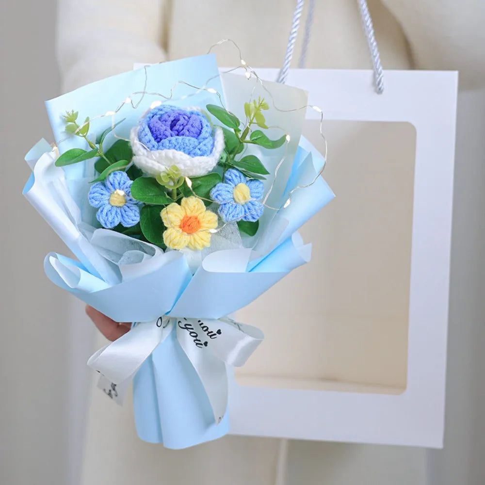 Handmade Crochet Flower Bouquet Woven With Lamp Artificial Flowers Handmade Artificial Preserved Flower Graduation Gifts