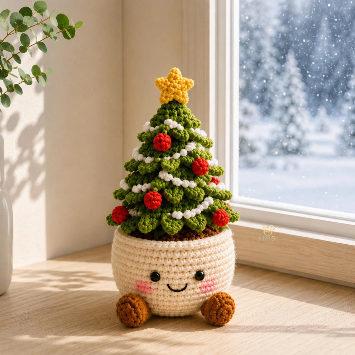 Handmade Crochet Christmas Potted Ornament, Xmas Tabletop Decor, Finished Knit , Festival Party Supplies, Home Ornament