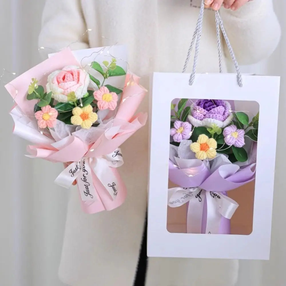 Handmade Crochet Flower Bouquet Woven With Lamp Artificial Flowers Handmade Artificial Preserved Flower Graduation Gifts