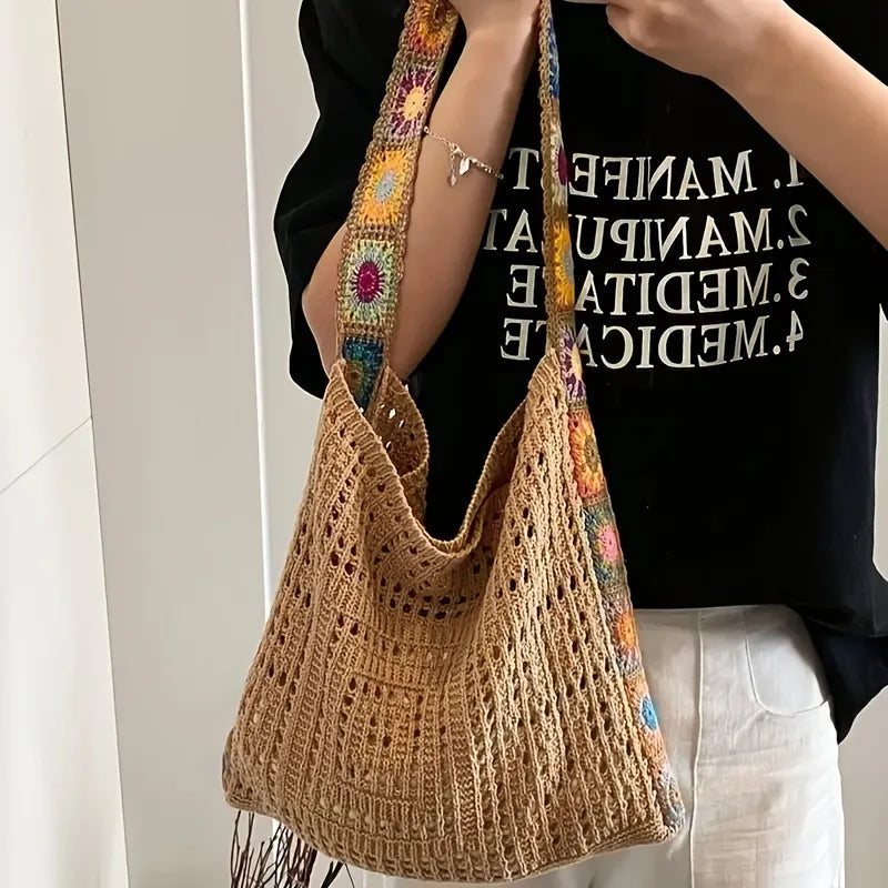 Handcrafted Women's Boho Crochet Bag Designer Flowers Knitted Handbags Laptop Summer Beach Woven Shoulder Fashion Bag Girls Tote Unique Gift