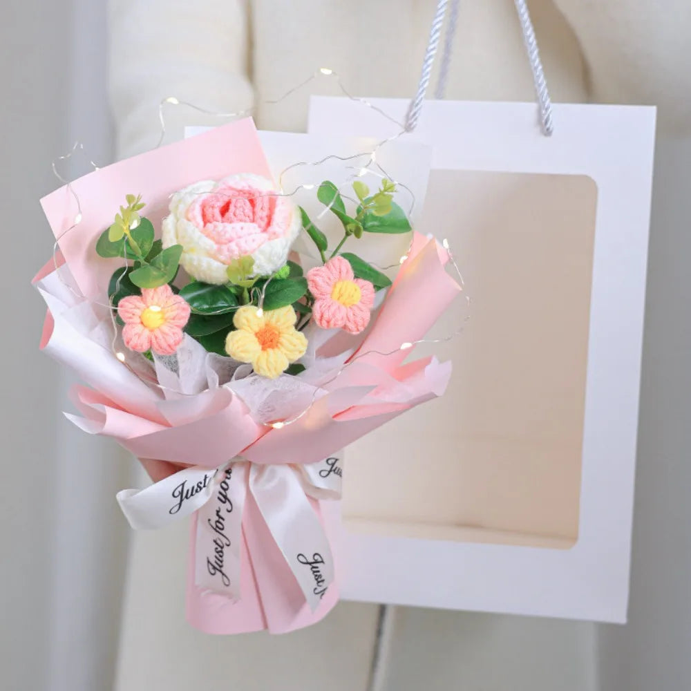 Handmade Crochet Flower Bouquet Woven With Lamp Artificial Flowers Handmade Artificial Preserved Flower Graduation Gifts
