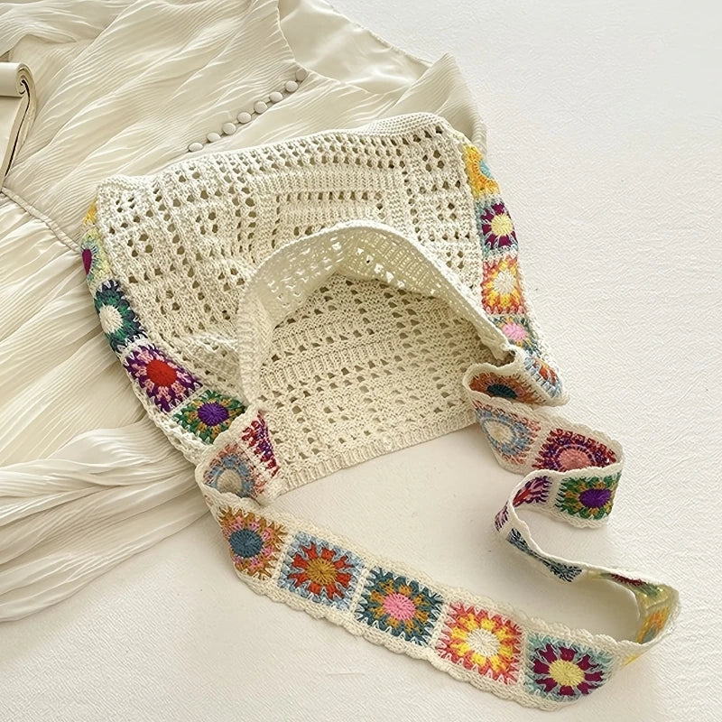 Handcrafted Women's Boho Crochet Bag Designer Flowers Knitted Handbags Laptop Summer Beach Woven Shoulder Fashion Bag Girls Tote Unique Gift