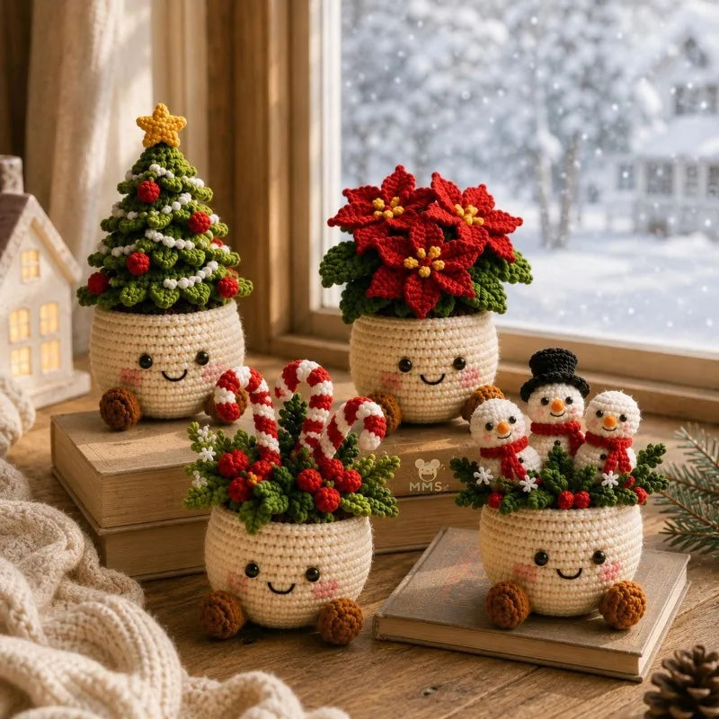 Handmade Crochet Christmas Potted Ornament, Xmas Tabletop Decor, Finished Knit , Festival Party Supplies, Home Ornament