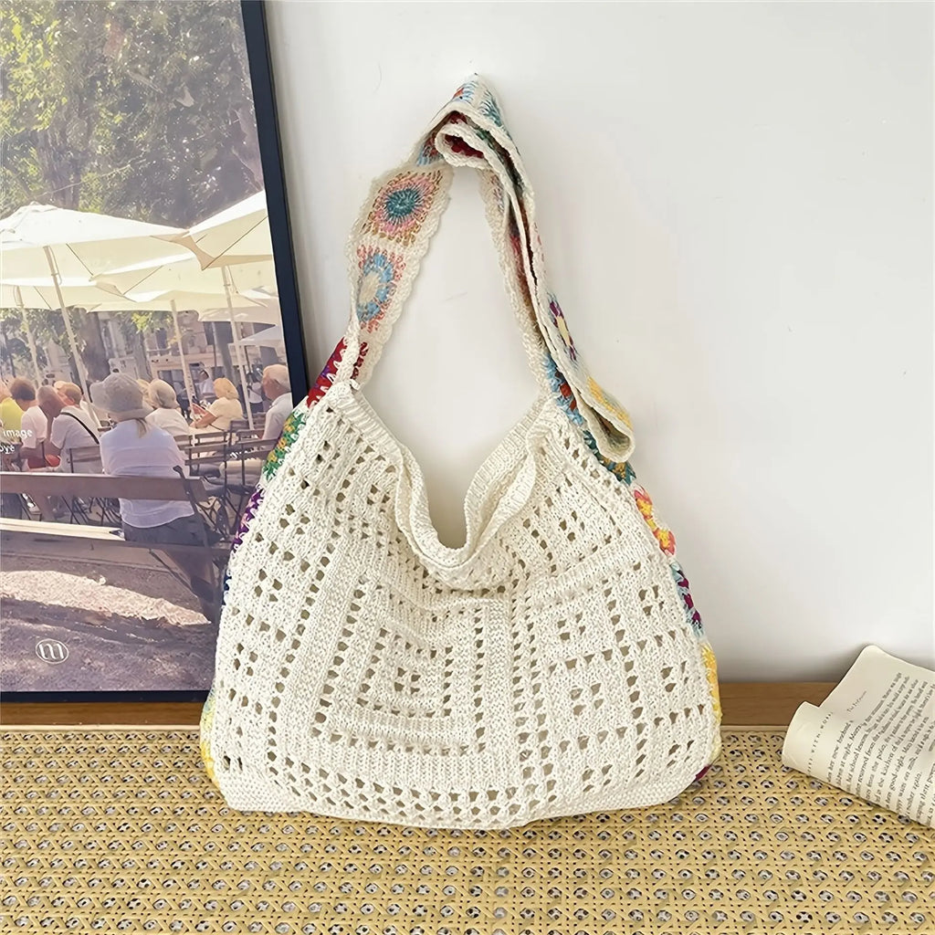 Handcrafted Women's Boho Crochet Bag Designer Flowers Knitted Handbags Laptop Summer Beach Woven Shoulder Fashion Bag Girls Tote Unique Gift