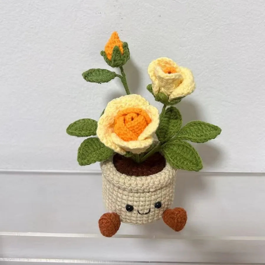 Handmade Crochet Rose Flower Pot Handwoven Rose Flower Plant Pot Perfect Desktop Decor Valentine's Day Gift for Any Occasion