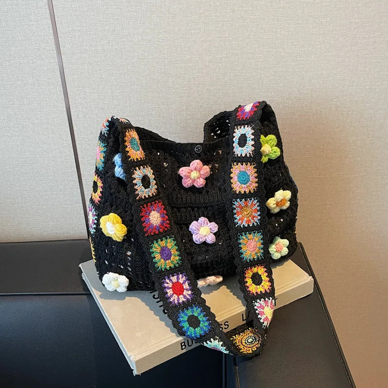 Handcrafted Women's Boho Crochet Bag Designer Flowers Knitted Handbags Laptop Summer Beach Woven Shoulder Fashion Bag Girls Tote Unique Gift