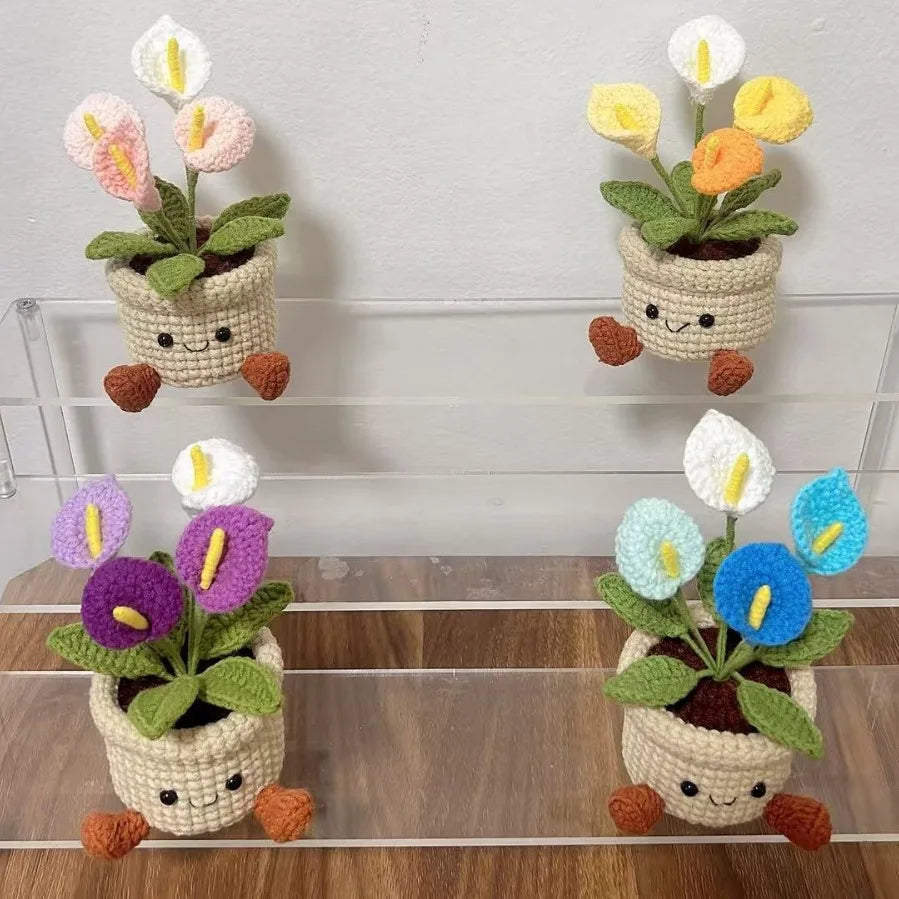 Cute Crochet Rose Pot Creative Artificial Plant Potted Handmade Woven Plants  Desktop Decor Lovely Gift