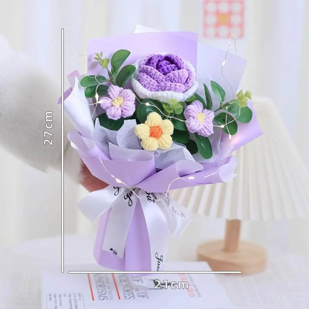 Handmade Crochet Flower Bouquet Woven With Lamp Artificial Flowers Handmade Artificial Preserved Flower Graduation Gifts