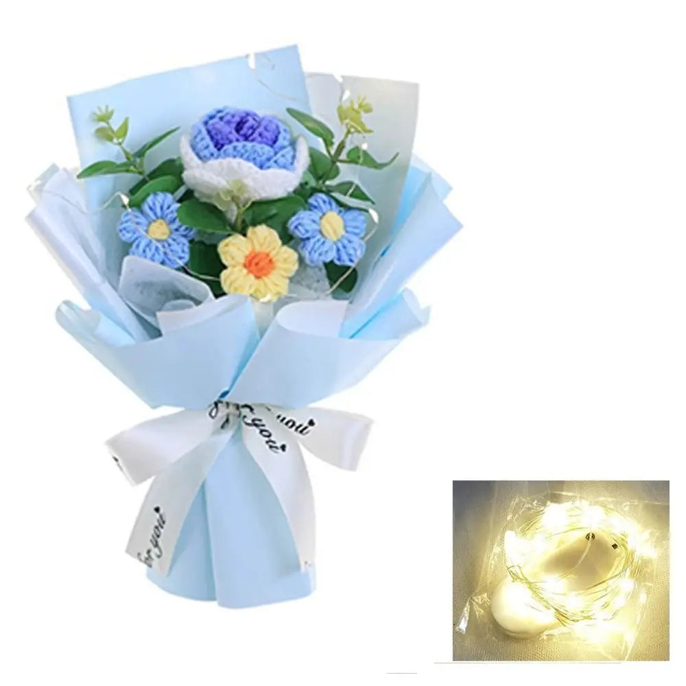 Handmade Crochet Flower Bouquet Woven With Lamp Artificial Flowers Handmade Artificial Preserved Flower Graduation Gifts