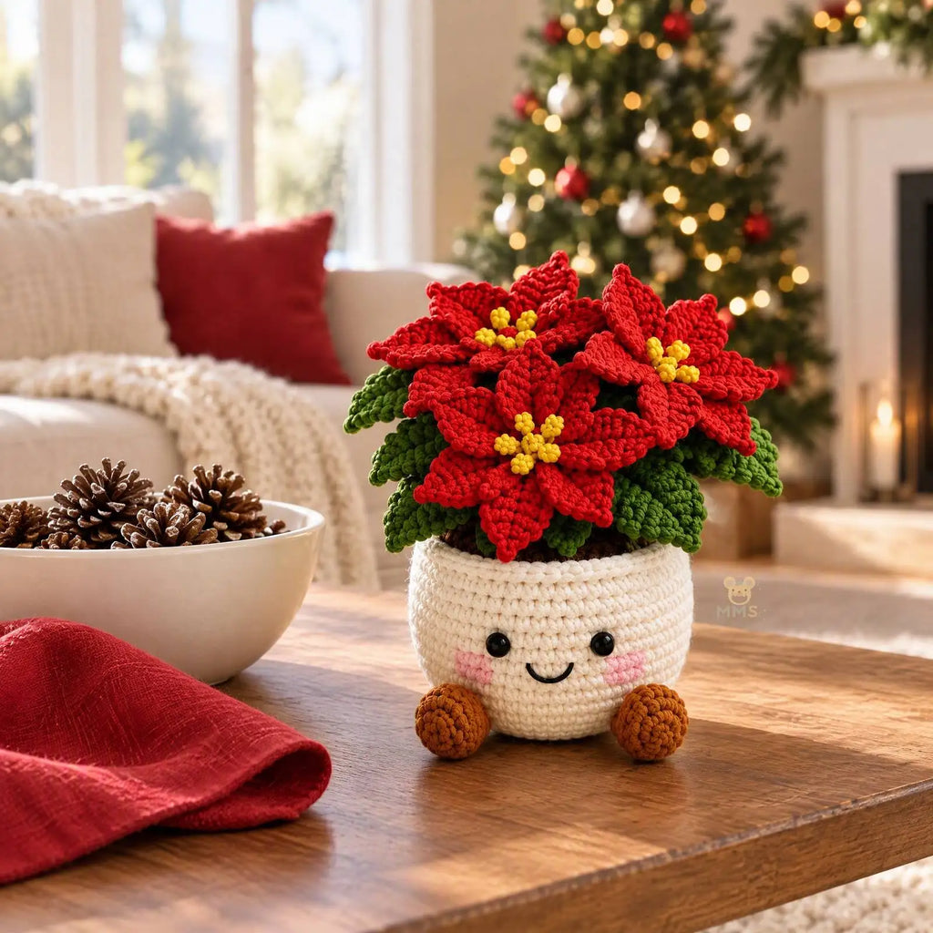 Handmade Crochet Christmas Potted Plant Table Ornament Knitted Xmas Decor Gift Set