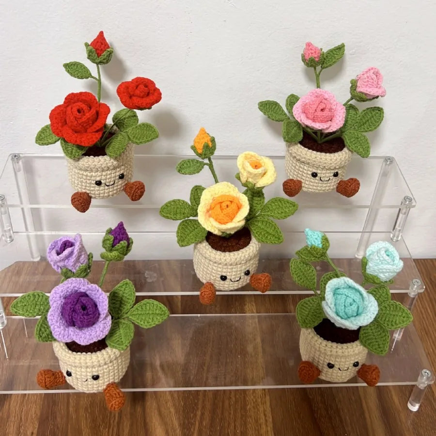 Handmade Crochet Rose Flower Pot Handwoven Rose Flower Plant Pot Perfect Desktop Decor Valentine's Day Gift for Any Occasion