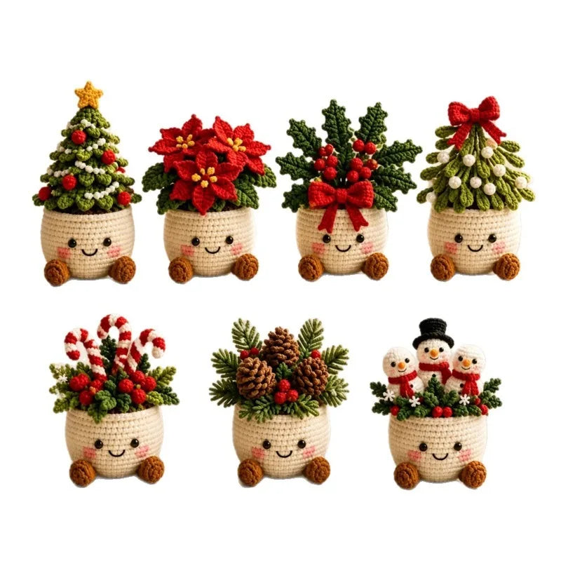 Handmade Crochet Christmas Potted Ornament, Xmas Tabletop Decor, Finished Knit , Festival Party Supplies, Home Ornament