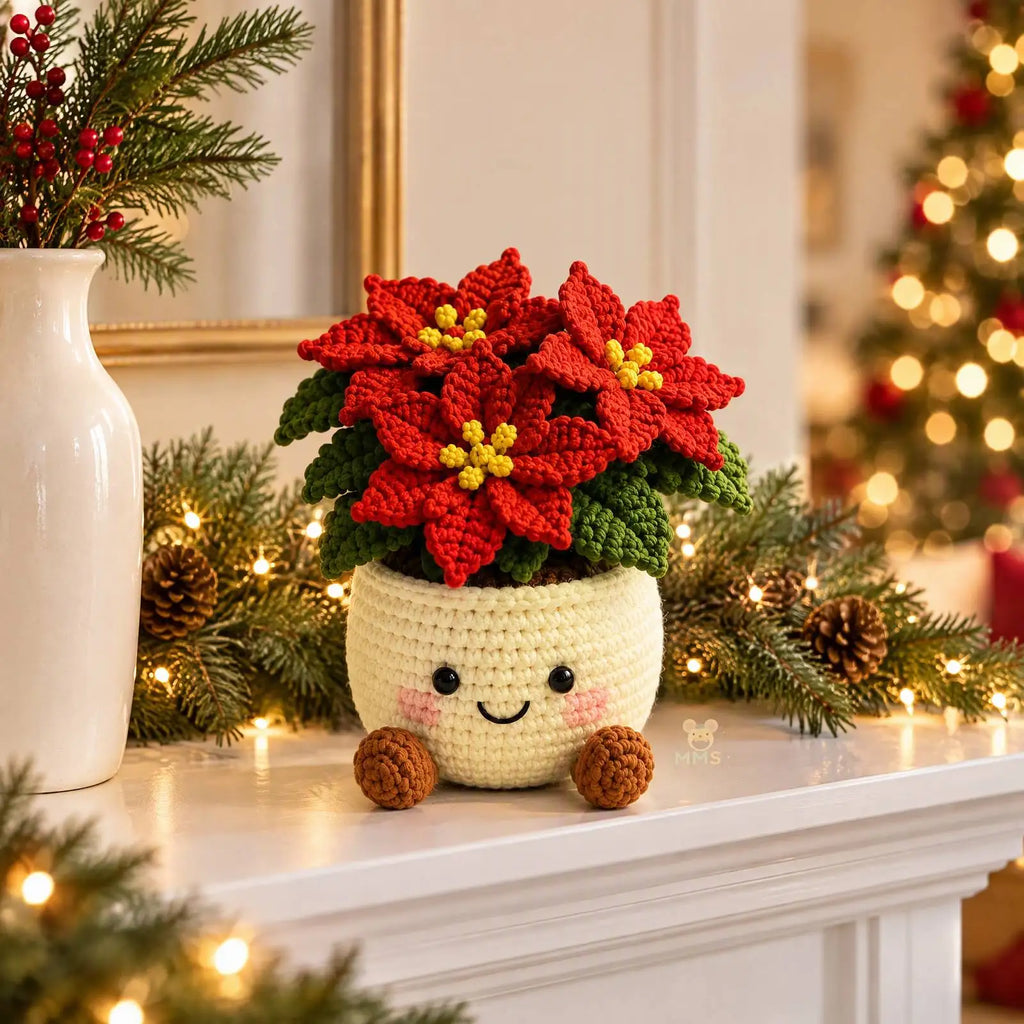 Handmade Crochet Christmas Potted Plant Table Ornament Knitted Xmas Decor Gift Set