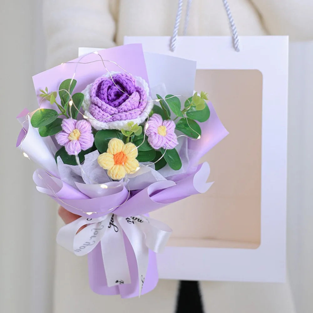 Handmade Crochet Flower Bouquet Woven With Lamp Artificial Flowers Handmade Artificial Preserved Flower Graduation Gifts