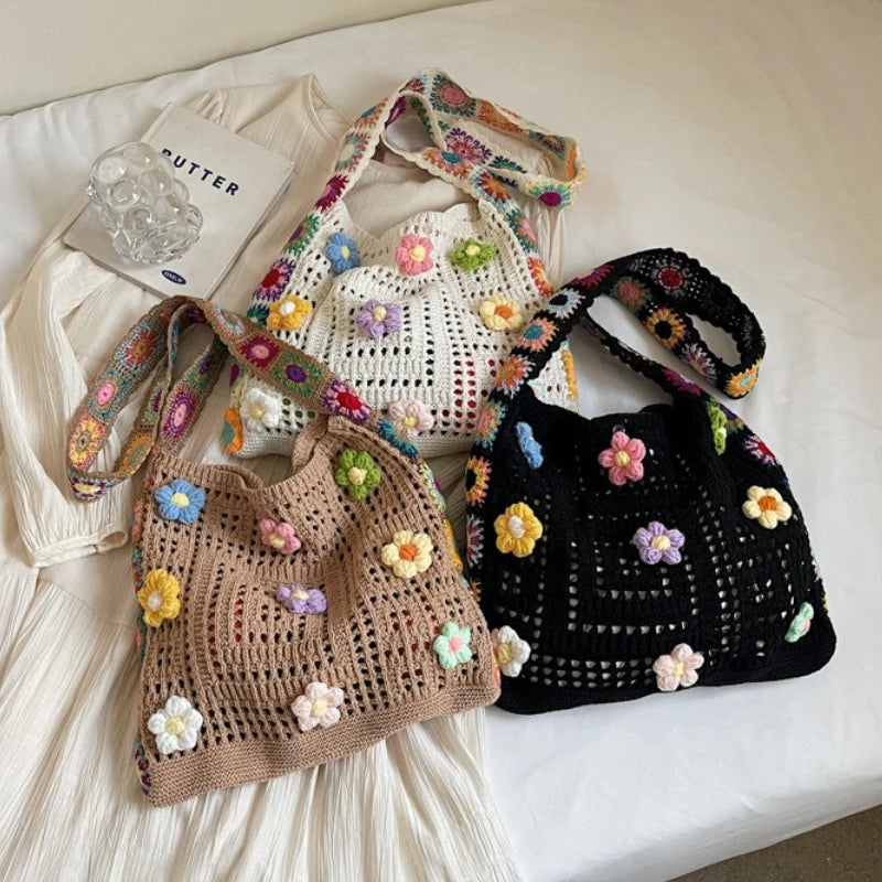 Handcrafted Women's Boho Crochet Bag Designer Flowers Knitted Handbags Laptop Summer Beach Woven Shoulder Fashion Bag Girls Tote Unique Gift