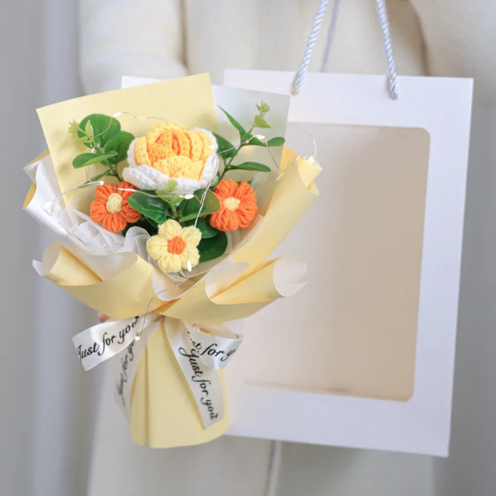 Handmade Crochet Flower Bouquet Woven With Lamp Artificial Flowers Handmade Artificial Preserved Flower Graduation Gifts