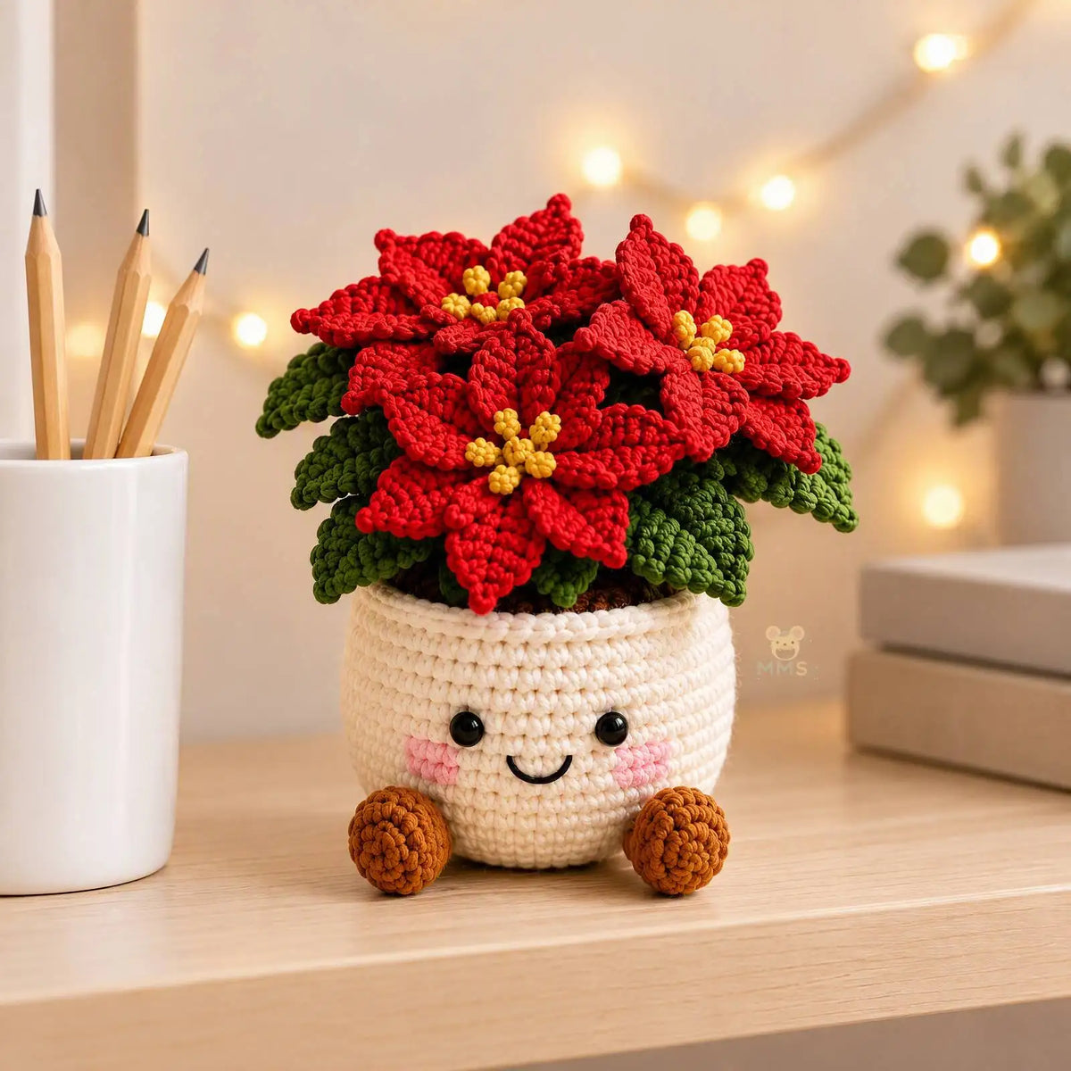 Handmade Crochet Christmas Potted Plant Table Ornament Knitted Xmas Decor Gift Set