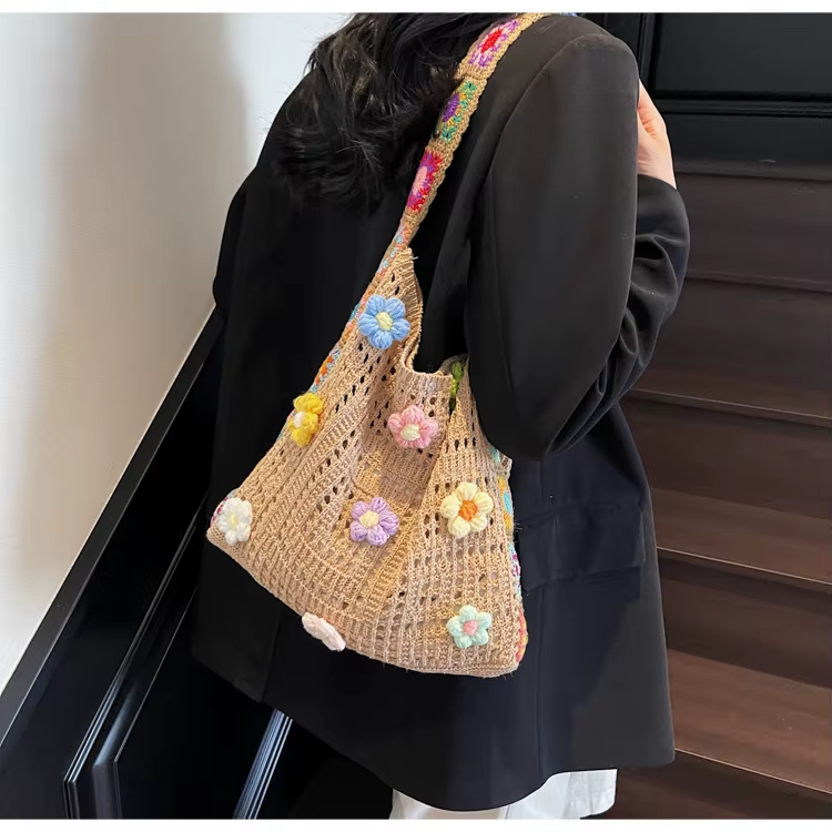 Handcrafted Women's Boho Crochet Bag Designer Flowers Knitted Handbags Laptop Summer Beach Woven Shoulder Fashion Bag Girls Tote Unique Gift