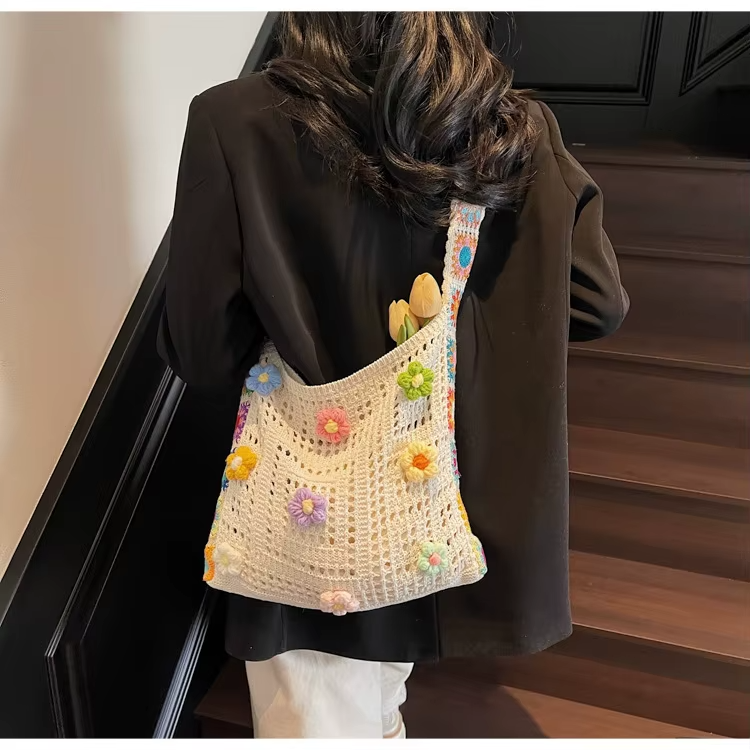 Handcrafted Women's Boho Crochet Bag Designer Flowers Knitted Handbags Laptop Summer Beach Woven Shoulder Fashion Bag Girls Tote Unique Gift