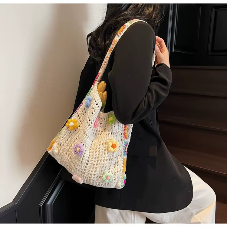 Handcrafted Women's Boho Crochet Bag Designer Flowers Knitted Handbags Laptop Summer Beach Woven Shoulder Fashion Bag Girls Tote Unique Gift