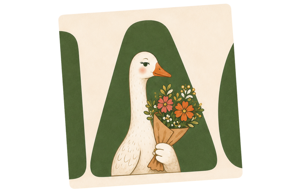 A square art print or card featuring a Close-up of stylized white goose holding a bouquet of orange, pink, and yellow wildflower bouquet, set against a cream background inside the Mama Plants letter A.