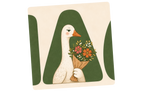 A square art print or card featuring a Close-up of stylized white goose holding a bouquet of orange, pink, and yellow wildflower bouquet, set against a cream background inside the Mama Plants letter A.