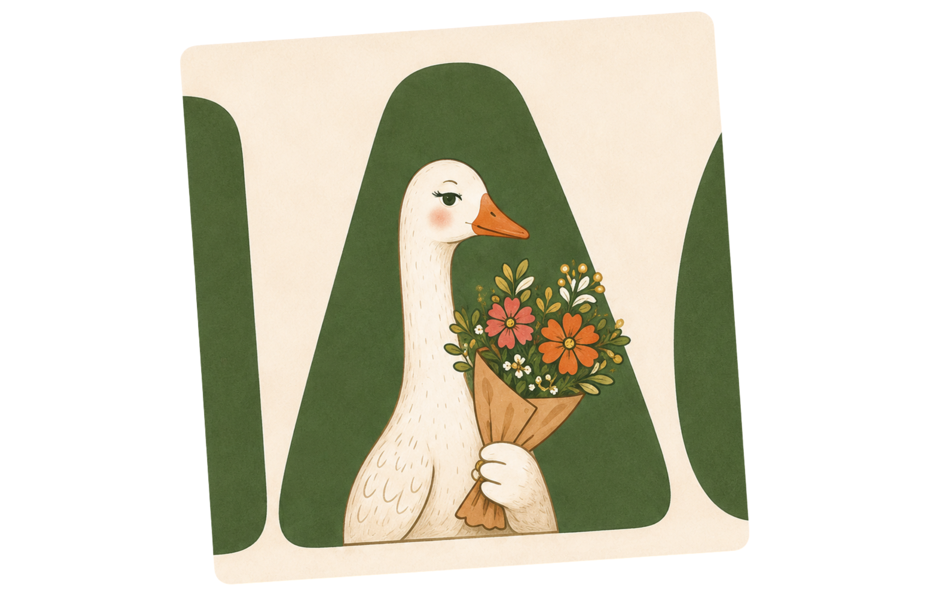 A square art print or card featuring a Close-up of stylized white goose holding a bouquet of orange, pink, and yellow wildflower bouquet, set against a cream background inside the Mama Plants letter A.