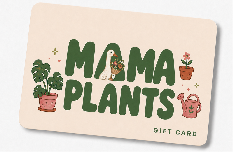Mama Plants digital gift card with goose mascot and botanical illustrations: flowers, monstera plant, flowerpot, and watering can